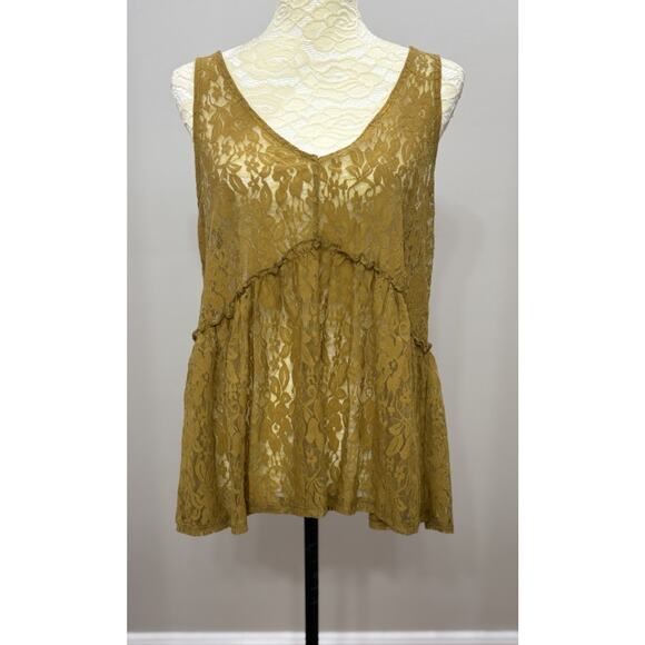 90s Y2K Vintage Camisole‎ Top Large Mustard Yellow Dark Lace Boho Fairy Grunge - Picture 1 of 9